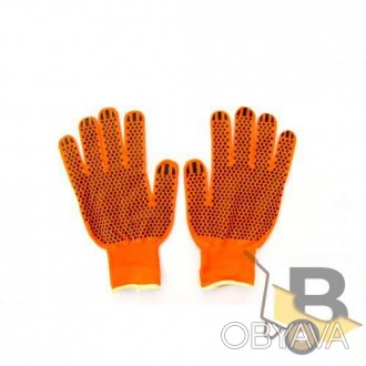 Трикотажні робочі рукавички. Рукавички помаранчевого кольору. Долоня покрита ПВХ. . фото 1