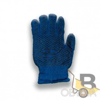 Трикотажні робочі рукавички. Рукавиці синього кольору. Долоня покрита ПВХ чорног. . фото 1