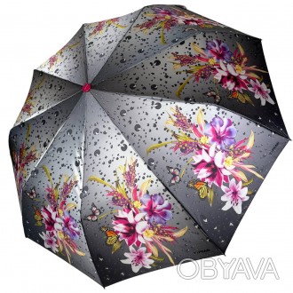 Женский зонтик-полуавомат с ярким принтом цветов и капель дождя от Toprain.
Высо. . фото 1