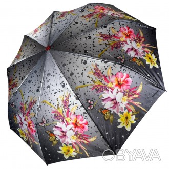 Женский зонтик-полуавомат с ярким принтом цветов и капель дождя от Toprain.
Высо. . фото 1
