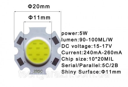 Светодиодный модуль COB LED 2B5C 2820 с мощностью 5 Вт. Работает в диапазоне нап. . фото 6
