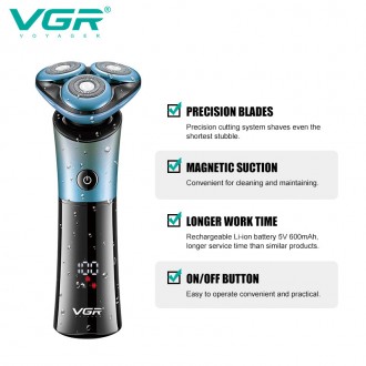 Електрична бритва для чоловіків IPX6 VGR V-326 синя
Водонепроникна електробритва. . фото 3