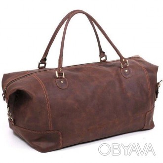 Стильна дорожня, спортивна шкіряна містка велика міцна коричнева сумка з натурал. . фото 1