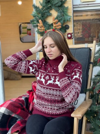 
 Жіночий новорічний зимовий светр із різдвяними оленями бордовий.
Тканина дуже . . фото 4