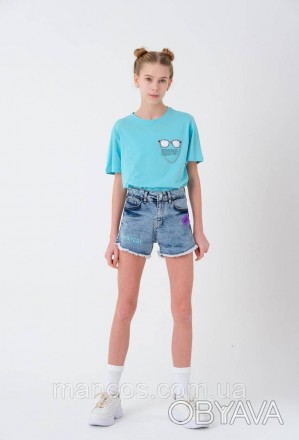 Джинсовые шорты для девочки LOS синие с нашивкой Размер 128