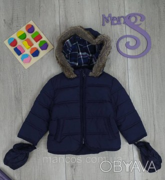 Зимняя куртка для мальчика Mark's & Spenser с варежками синяя капюшон с опушкой