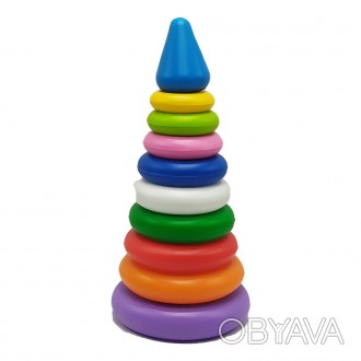 Класична весела пірамідка з кольоровими кільцями, які потрібно нанизувати на віс. . фото 1