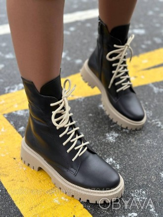 Демисезонные женские ботинки натуральная кожа черные на бежевой подошве. 38