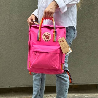 Яркий розовый рюкзак Kanken Classic 16 L с радужными ручками. Портфель канкен
Эт. . фото 4