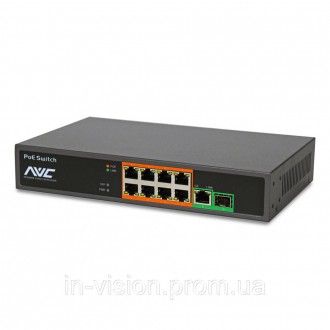 10-портовий PoE-комутатор з 8-портами PoE 100Mб + 1 порт TP/SFP Uplink + 1 порт . . фото 3
