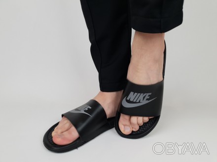 Мужские тапочки летние черные Nike с рефлективным лого. Шлепанцы женские на лето. . фото 1