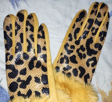 Стильные, зимние, леопардовые перчатки Luxere с опушкой, 50%-cotton, ширина-8.5с. . фото 4