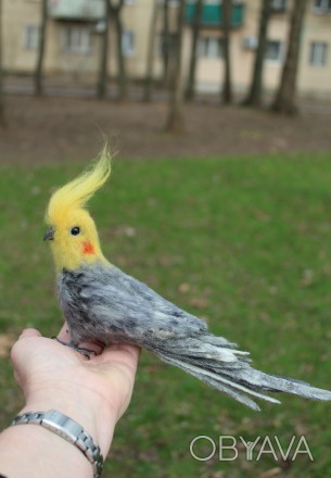 Попугай Корелла сірий голова повернута влево реалістична валяна пташка іграшка з. . фото 1