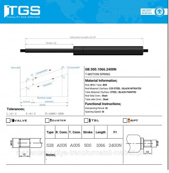 Газовый амортизатор, газлифт L 1160 \ 1146мм Турция TGS - TUNATEK 
газ-лифт на р. . фото 2