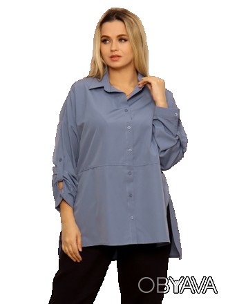 Базовая рубашка синего цвета с рукавом, свободного покроя в стиле оверсайз, с от. . фото 1