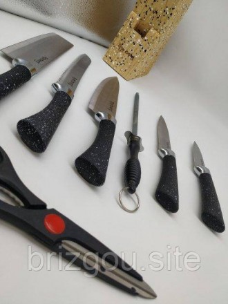 Опис Набір ножів Rainberg RB-8806 на 8 предметів з ножицями + підставка Чорний 
. . фото 5