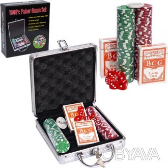 ![CDATA[Набір для покеру, 100 фішок, 2 колоди карт, кубики, в валізці з алюмінію. . фото 1