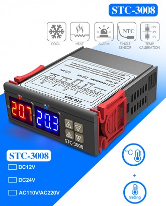  
STC-3008 — електронний регулятор температури з двома реле, датчиками та диспле. . фото 4