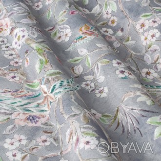 Декоративная ткань бежевый цветочный узор с птицами на пепельном фоне. Состав тк. . фото 1
