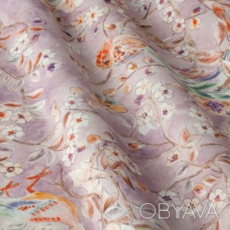 Декоративная ткань бежевый цветочный узор с птицами на сиреневом фоне. Состав тк. . фото 1