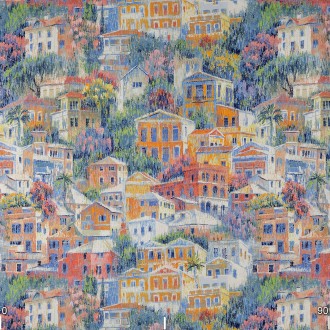 Декоративная ткань с домами оранжевого и желтого цвета в размытом исполнении. Со. . фото 3