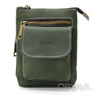 Маленькая мужская сумка на пояс плечо зеленая TARWA RE-1350-3md из лошадиной кож. . фото 1