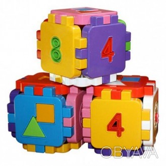 Кубик-пазл-сортер (геометрические фигурки 2 шт., цифры 4 шт., на одной стороне к. . фото 1