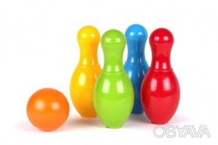 Яскравий пластиковий набір для боулінгу. В комплекті: 4 кеглі і куля для боулінг. . фото 1