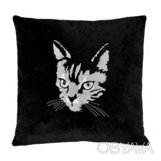 Подушка "Кот". Красивая чёрная подушка с изображением серого котика. Приятная на. . фото 1