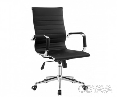 Офісне крісло з середньою спинкою, міцна основа з хромованої сталі, оббивка чорн. . фото 1