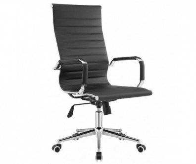Офісне крісло з високою спинкою, основа з хромованої сталі, оббивка чорною штучн. . фото 2