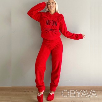 Теплая махровая женская пижама Мяу MEOW красная, костюм для дома и сна штаны с к. . фото 1