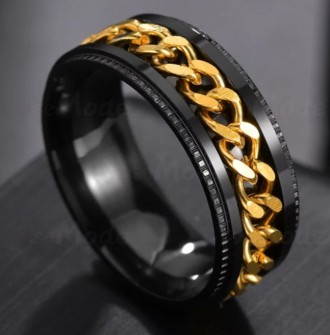 Мужское женское кольцо спинер черное вставка золотистая 18-23.
Цепочка вращается. . фото 2