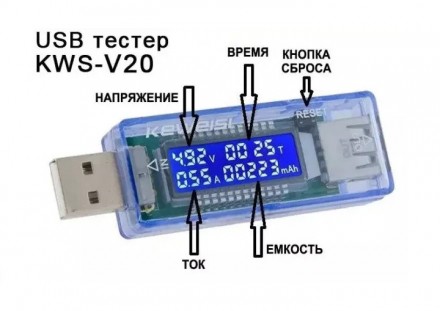 USB Тестер Keweisi KWS-V20 вольтметр амперметр вимірювач ємності акумулятора, ст. . фото 3
