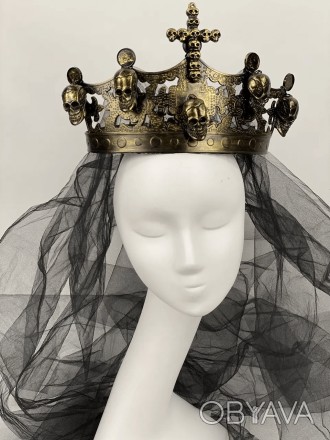  Корона Королева Муерте з фатою 19-933BLK-GL Матеріал: пластик, фатин Колір: зол. . фото 1