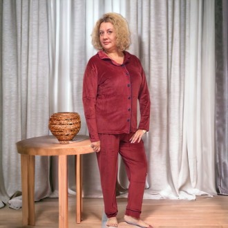 Женская пижама большой размер 58-66, бархатная пижама с рубашкой и брюками, велю. . фото 4