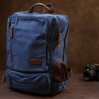 Місткий синій текстильний рюкзак на два відділення підійде для документів A4, но. . фото 6