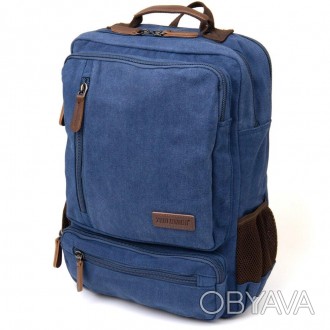 Місткий синій текстильний рюкзак на два відділення підійде для документів A4, но. . фото 1