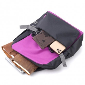 Жіночий стильний молодіжний рюкзак місткий тканинний чорний, з фіолетовою бузков. . фото 6