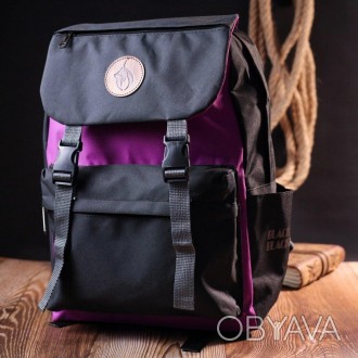 Жіночий стильний молодіжний рюкзак місткий тканинний чорний, з фіолетовою бузков. . фото 1