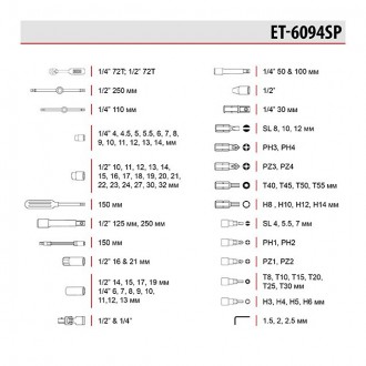 Набор инструментов 1/2" & 1/4" 94 ед. INTERTOOL ET-6094SP
Набор включает 94 элем. . фото 10