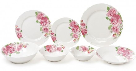 Набор плоских обеденных тарелок "Розовые розы" из качественного белого фарфора с. . фото 3