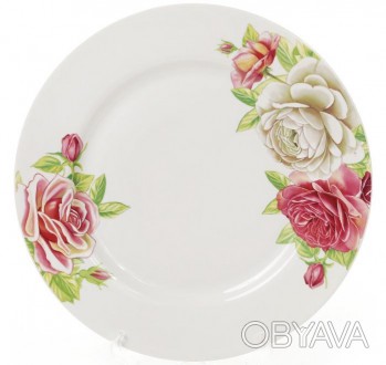 Набор плоских обеденных тарелок "Чайная роза" из качественного белого фарфора с . . фото 1