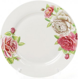 Набор плоских обеденных тарелок "Чайная роза" из качественного белого фарфора с . . фото 2