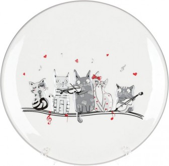 Керамическая тарелка "Ночная серенада", Ø24см. На белом фоне компания кот. . фото 2