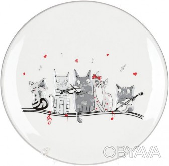 Керамическая тарелка "Ночная серенада", Ø24см. На белом фоне компания кот. . фото 1