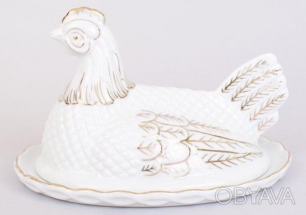 Паштетница "Курица" изготовлена из фарфора. Овальная тарелка-основа Ø20см. . фото 1