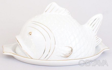 Паштетница "Рыба" изготовлена из фарфора. Овальная тарелка-основа Ø22,5см. . фото 1