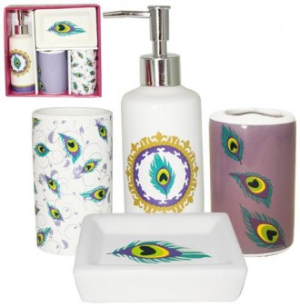 Керамический набор "Павлиний глаз" для ванной комнаты. Цвет - белый с ярким узор. . фото 3