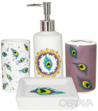 Керамический набор "Павлиний глаз" для ванной комнаты. Цвет - белый с ярким узор. . фото 1